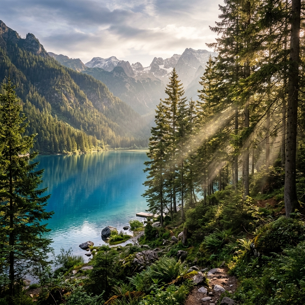 Majestic scenic pine forest lake view